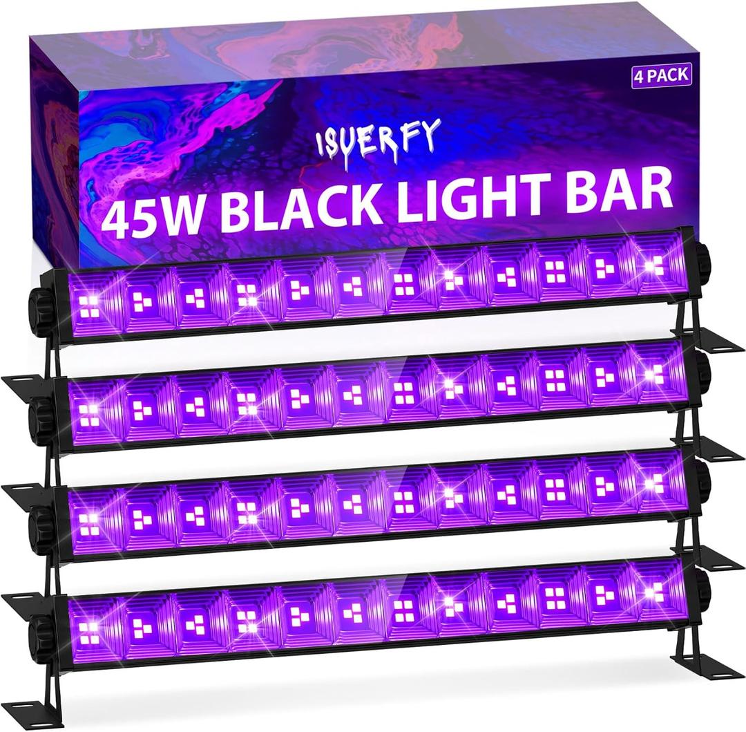4 Pack 45W Black Light Bar with 6ft Cord+Switch, Each Light Up 25x25ft Area, LED Blacklight Flood Light for Neon Glow Party Body Paint, Classroom Bedroom Halloween