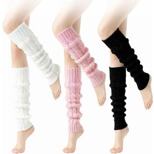 Women Leg Warmers, 3 Pairs Fashion Cute Cable Knit Leg Warmers, Winter Warm Long Boot Socks (Black, White, Pink)