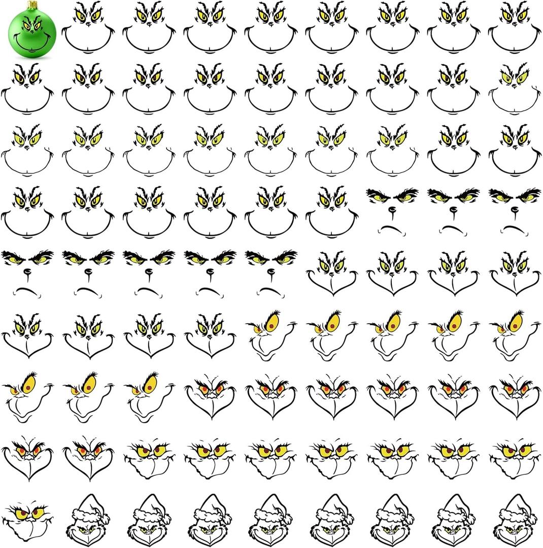 6Pack 80 Pcs Christmas Face Decals Stickers for Crafts Ornaments Small 3 Inch 10 Designs Vinyl Faces Eyes Transparent Decal for Ornaments Glass Drinking Cups Wood Decorations Balls Party Supplies (face80)