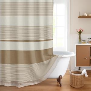 Emvency Boho Farmhouse Beige Stripe Tassel Shower Curtain Set, Striped Bohemian Modern Minimalist Linen Fabric Cloth Shower Curtains for Bathroom Decor 72 x 72 Inches with Upgraded Metal Hooks