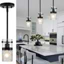 Glass Pendant Light Kitchen Island Black Modern Pendant Light Fixture with Water Ripple Glass 1-Light Mini Hanging Lights for Bathroom Kitchen Sink Bedroom, 3 Pack