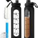 Glass Shaker Bottle 34oz/1L Black Glass Protein Shaker Bottle With Shaker Ball Large Shaker Bottles for Protein Mixes Portable Powder Mixer Blender Water Bottle for Gym Workout Sports