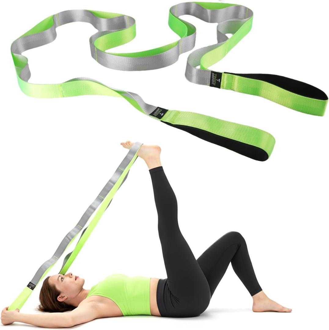 TAVIEW Yoga Strap for Stretching  Stretch Band with 12 Loops Multi-Grip Pilates Hamstring Stretcher Belt  Physical Therapy Equipment for Best Flexibility (Green & Black)