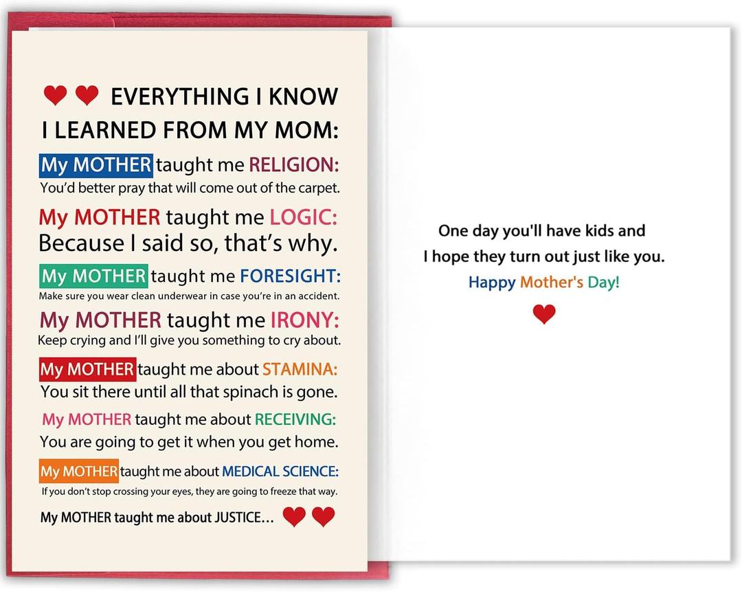 11 x Funny Mother's Day Card for Mom, Sarcastic Humor Greeting Card from Child on Mother's Day, Learned from Mom Card, Mix