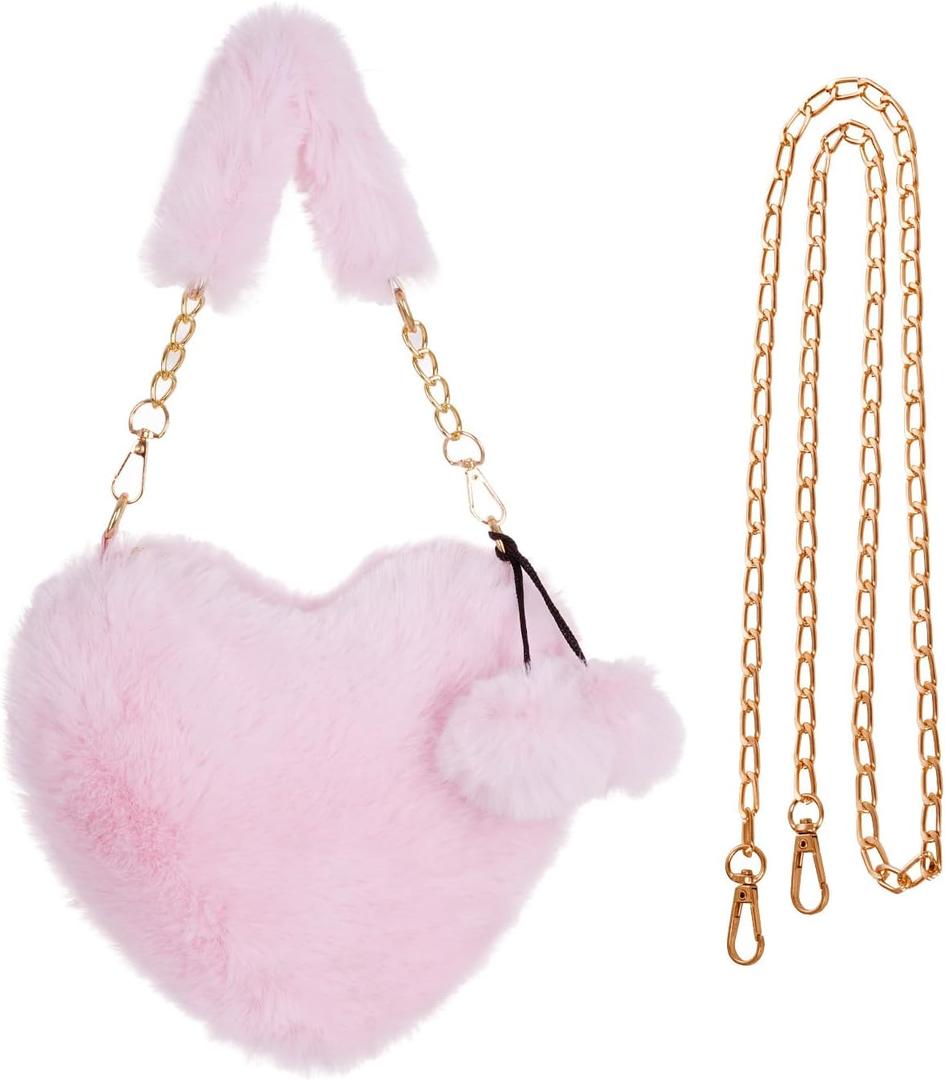 Heart Shaped Faux Fur Clutch Purse Fluffy Crossbody Shoulder Bag for Women Valentine (Light Pink)