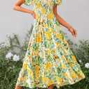 PRETTYGARDEN Women's Casual Summer Midi Dress Puffy Short Sleeve Square Neck Smocked Tiered Ruffle Dresses (Yellow, M)