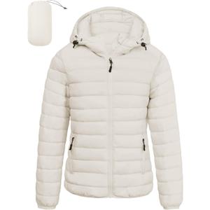 Women's Lightweight Packable Puffer Jacket Quilted Insulated Warm Winter Coat Full-Zip Hooded Outerwear for Hiking Travel (Large, Off-white)