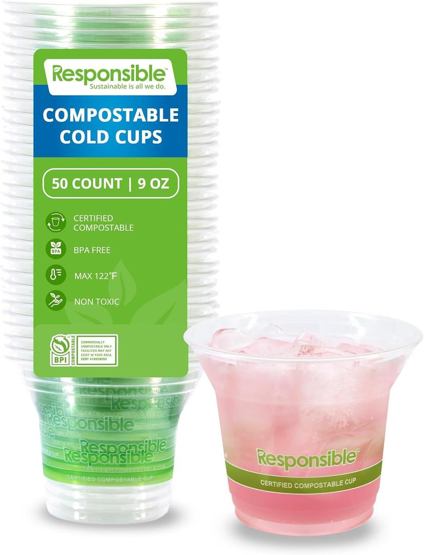 9 oz Clear Cold Cup, Certified Compostable and Made from 100% American Biobased Materials, No-PFAS Added & BPA-Free (50 Count)