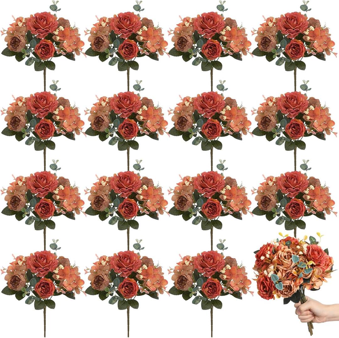 Yunlly 16 Packs Artificial Peony Flowers Faux Peonies Bouquet Silk Vintage Wedding Home Table Door Decor Reusable Bouquet Rose Flowers for Bridal Wedding Birthday Home(Orange,Elegant)