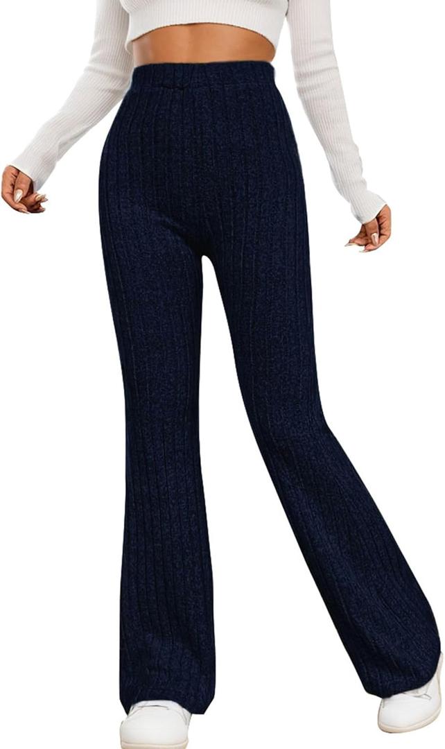Women Flare Leggings Yoga Pants High-Waisted Casual Lounge Pants Ribbed Comfy Leggings (Small, Blue)