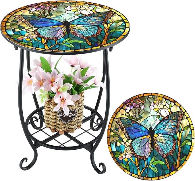 Outdoor Side Table Round Small Mosaic Patio Accent Indoor End Plant Metal Coffee Tea Table for Yard Porch Garden Patio Living Room, Bedroom (Butterfly Style, 12 Inch)