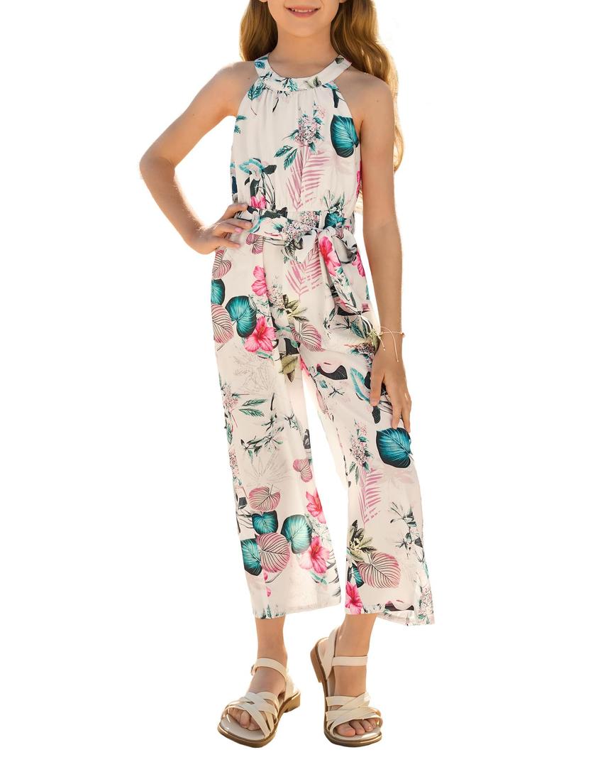 GRACE KARIN Girls Floral Jumpsuit Kids Halter Summer Belted Romper Wide Led Long Pants Green 12Y, Size: 8 Years
