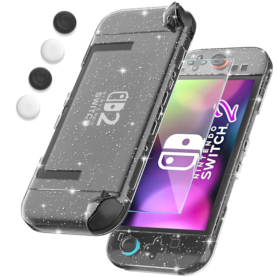 FANPL [Improved Easy Dockable Version] Clear Glitter Case for Nintendo Switch 2, Protective Cover for Switch 2 and JoyCon Controller with Screen Protector 4 Thumb Grip Caps - Strong and Durable