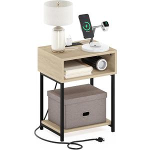 Furinno Moretti Side Table, 3-Tier End Table with Charging Station, Metal Frame Night Stand, Bedside Table with USB and Type-C Charging Port, for Living Room, Bedroom, Bauhaus Oak