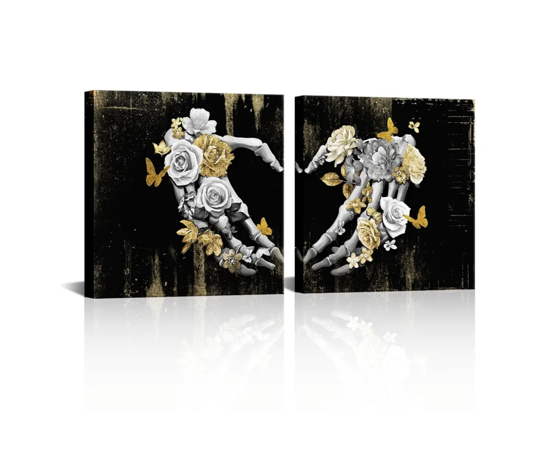 Visual Art Decor Skull Decor Heart Love Painting Gothic Wall Decor Black Gray and Gold Pictures Framed Artwork for Walls (24"x24"x2 Pieces)