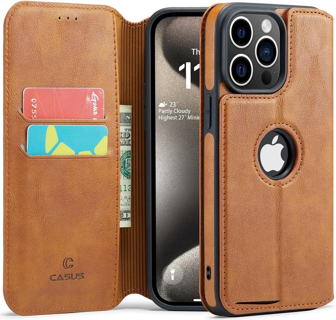 Casus Logo View Compatible with iPhone 15 Pro Wallet Case Slim Faux Leather with Card Holder Slot Thin Magnetic Flip Cover (2023) 6.1" (Brown)