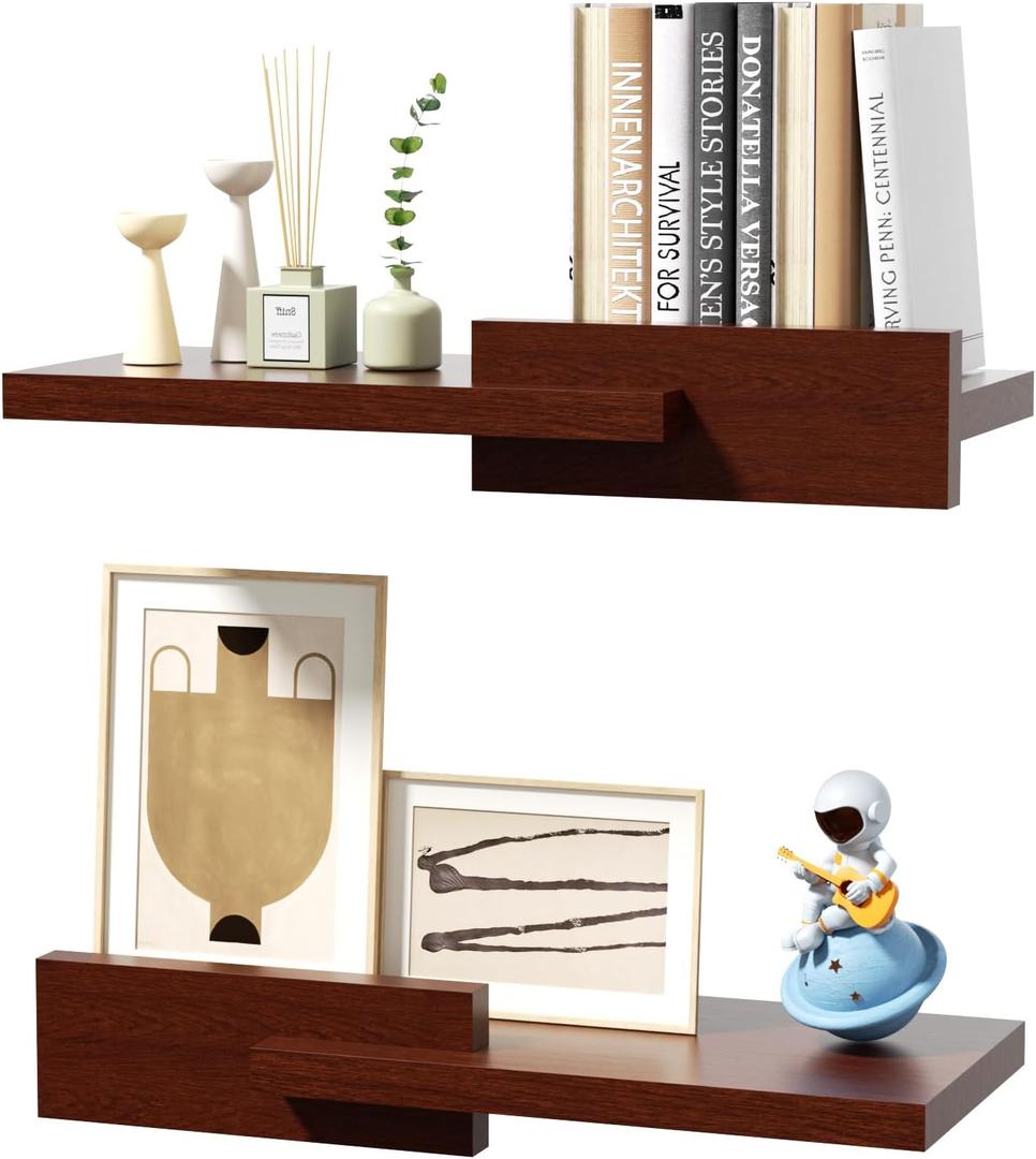 Floating Shelves for Wall, Set of 2 Rustic Wood 16 Inches Wall Mounted Shelves for BathroomBedroom, Living Room &Kitchen, Heavy Duty Display Picture Ledge Shelf for Home Decor Storage Brown