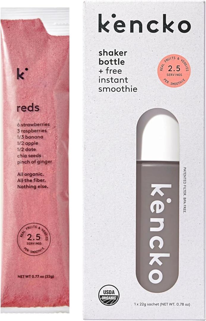 Kencko's Instant Smoothie Starter Pack - 1 Smothie Shaker Bottle + 1 Full Size Instant Smoothie Sample (Reds)