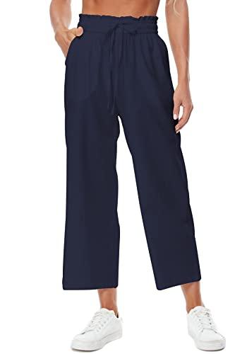 EZPERY Womens Linen Pants Elastic High Waisted Wide Leg Drawstring Casual Loose Cropped Pants with Pockets Navy Size XL