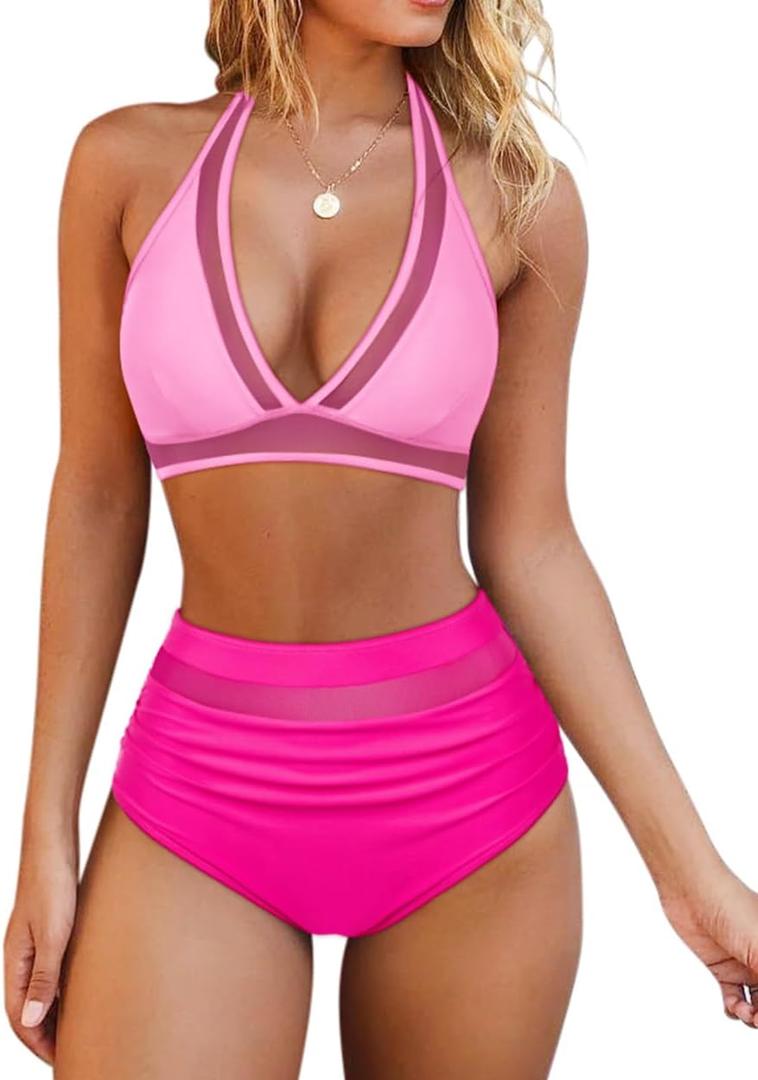 OMKAGI Women Mesh High Waisted Bikini Set Sexy V Neck Tummy Control Swimsuit Bathing Suit (Small, 50-1-rose Pink)