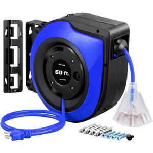 DEWENWILS Retractable Cord Reel, 60FT Heavy Duty Extension Cord, 12AWG/3C SJTOW, 3 Grounded Outlets Lighted Triple Tap, 15A Circuit Breaker, Wall/Ceiling Mounted for Garage, Workshop, UL Listed, Blue