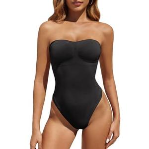 Fisoew Women's Strapless Shapewear Tummy Control Thong Bodysuit One Piece Tube Top Seamless Body Shaper, XS