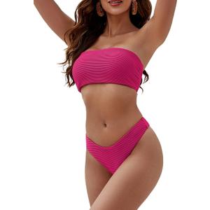 ZAFUL Women Strapless Textured Bandeau Bikini 2 Piece Swimwear Cheeky Solid Lace up Bathing Suits (Small, 0-rose Red)