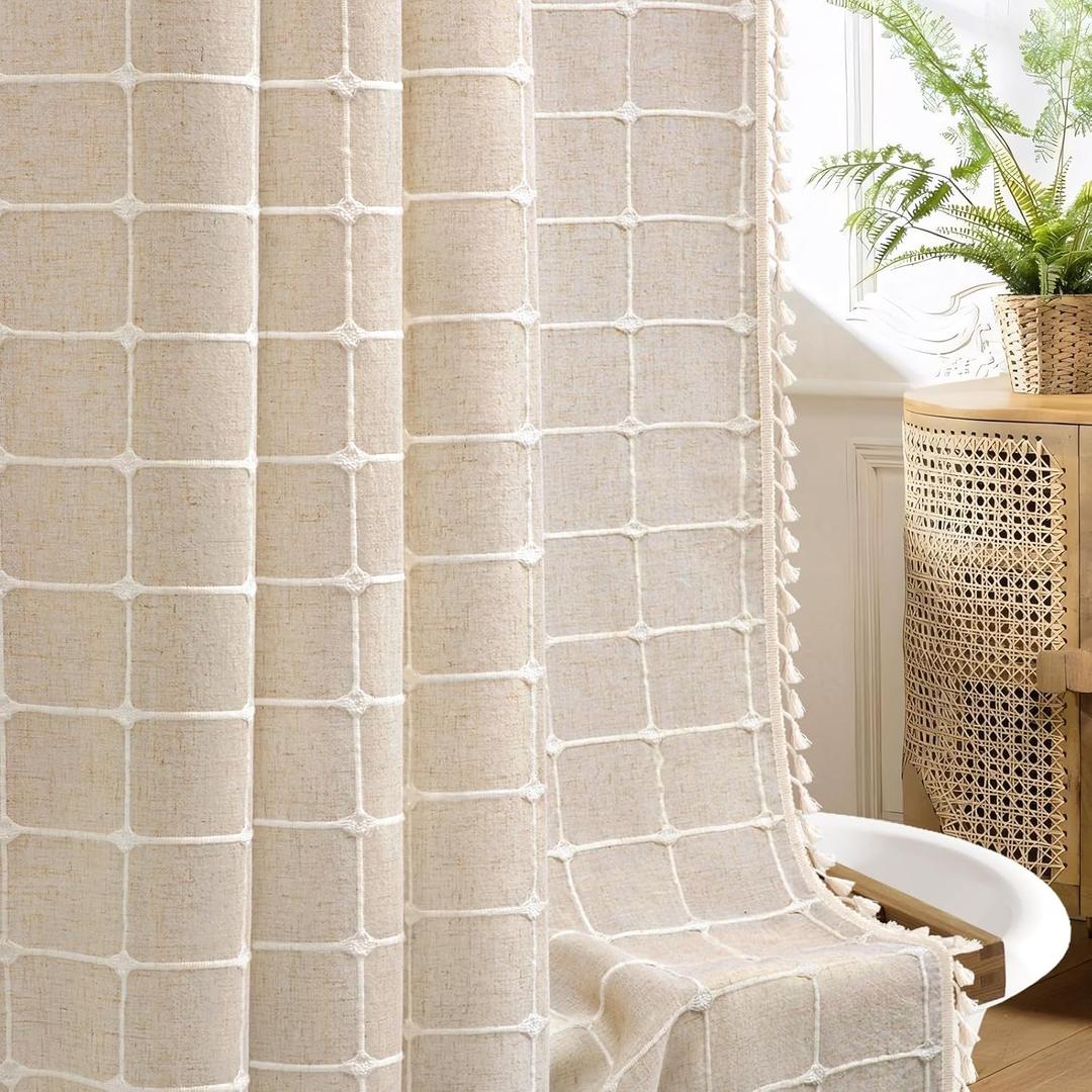 NDDYCU Beige Shower Curtain Linen Texture Farmhouse with Embroidered Plaid Pattern and Boho Tassels for Bathroom, 72" W×72" L