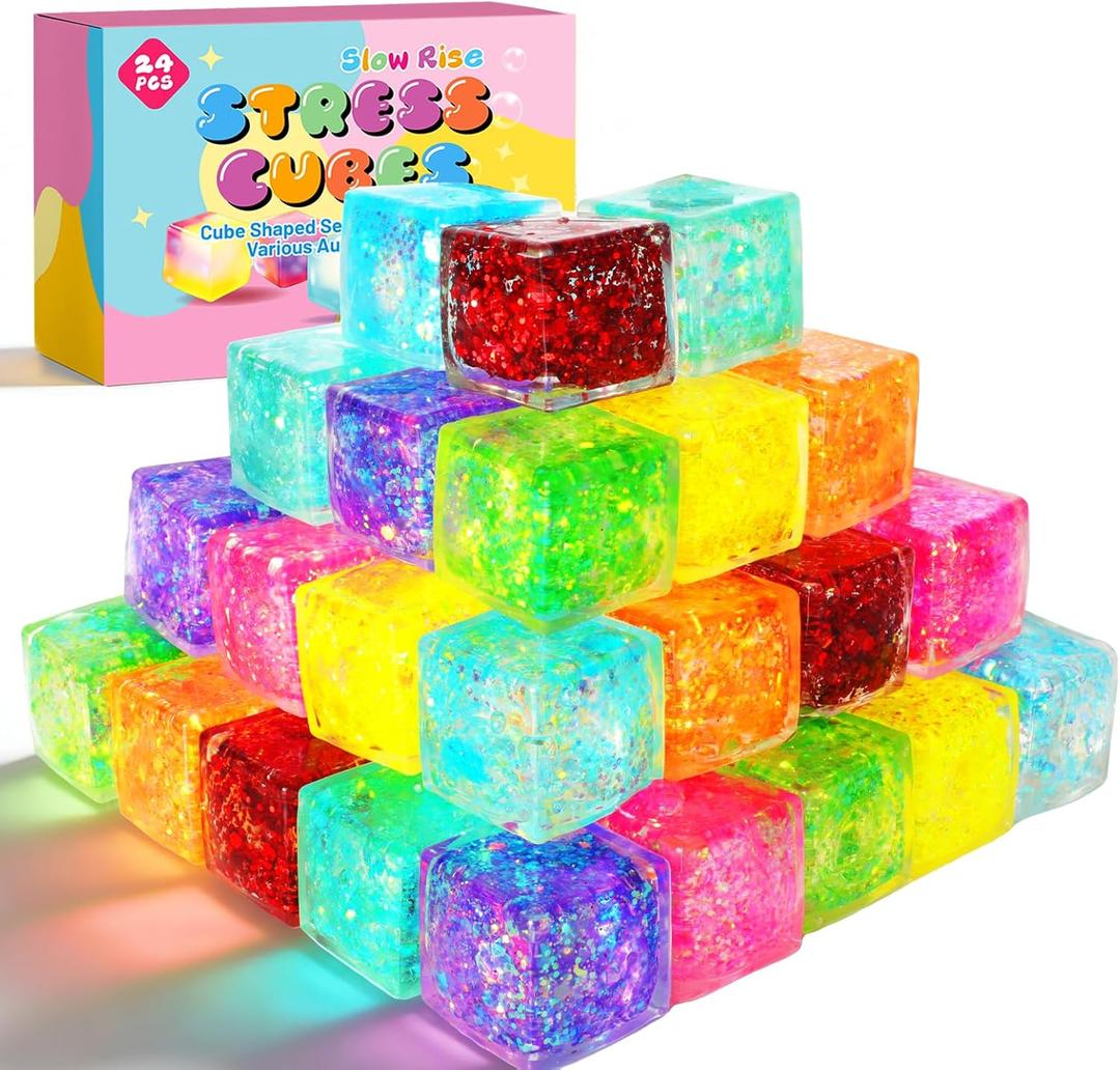 24 Pack Slow Rising Ice Cube Squishy Stress BallsStress Cube for Adults Kids , Sensory Fidget Toy for Anxiety Relief, Square Squeeze Toy for Classroom Prizes, Mini Nice Cube Squishy for Party Favors
