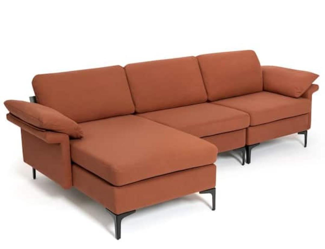 100.5 in. W Square Arm 3-Piece Lint Fabric Modern Modular L-Shaped Sectional Sofa with Reversible 2-USB Ports Red