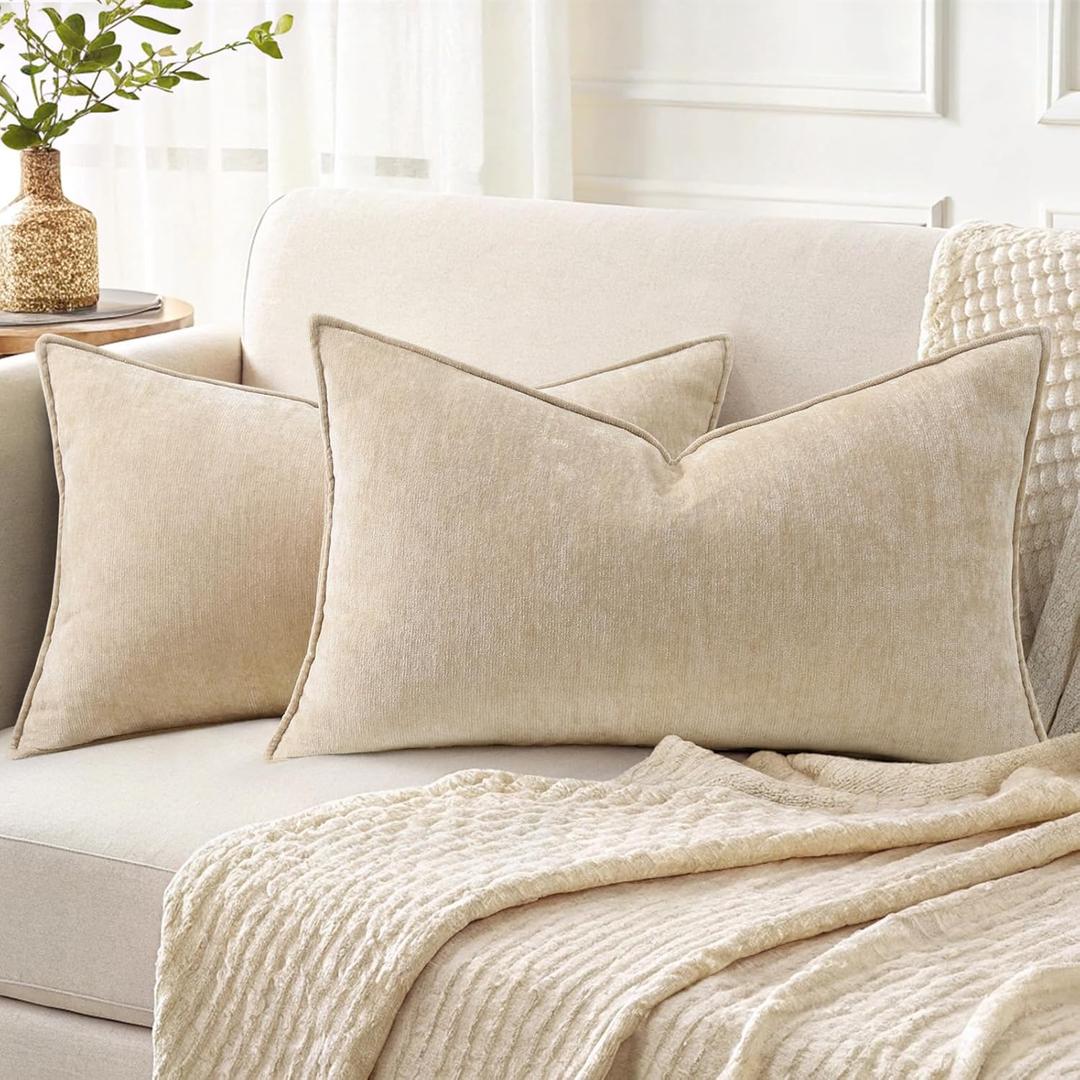 decorUhome Summer Couch Throw Pillow Covers 12x20 Set of 2, Decorative Soft Velvet Modern Cozy Chenille Lumbar Pillow Cases with Elegant Design for Sofa Bed Living Room Home Decor, Beige