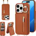 Crossbody Wallet Case for iPhone 15 Pro Max with Lanyard Strap Card Slot Holder RFID Blocking Ring Kickstand,Magnetic Flip Folio Zipper Purse Case, PU Leather Cover Handbag,Brown