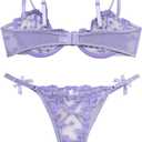 Lilosy Sexy Underwire Cute Push Up Strappy Embroidered Mesh Sheer Lingerie Set See Through Panty Bra (L)