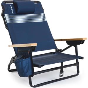 WOVN Premium Reclining Beach Chairs - Portable Lay Flat Folding Beach Chair for Adults - Includes Shoulder Backpack Strap, Pillow, 2 Pockets, and Cup Holder - Lido