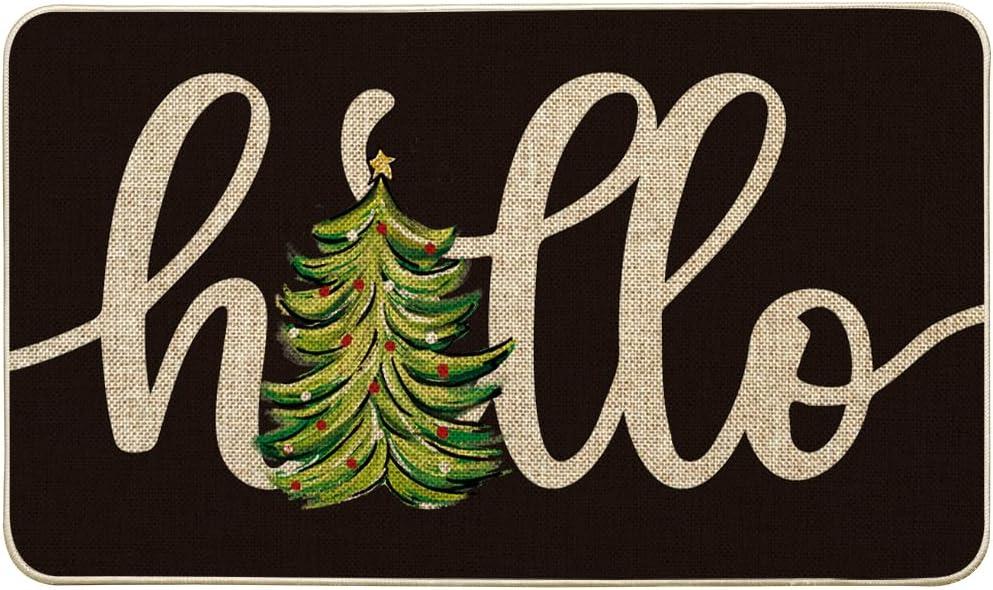 Artoid Mode Black Hello Xmas Tree Christmas Doormat, Winter Low-Profile Switch Rug Home Decor Door Mat Floor Mat for Outdoor Indoor 17x29 Inch