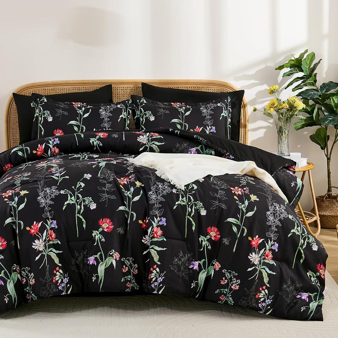 Drucon Comforter Set Queen Size, 7 Pieces Black Floral Botanical Comforter Sets, Reversible Bed in a Bag Soft Lightweight Microfiber Bedding Sets for All Seasons (90"x90")