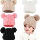 4 Pcs Knitted Winter Hat for Little One, Double Pom Beanie with Soft Knit Fabric, Warm and Breathable, Fits 03 Years, Cozy Cold Weather Hat for Little One, Multiple Colors Multicolor