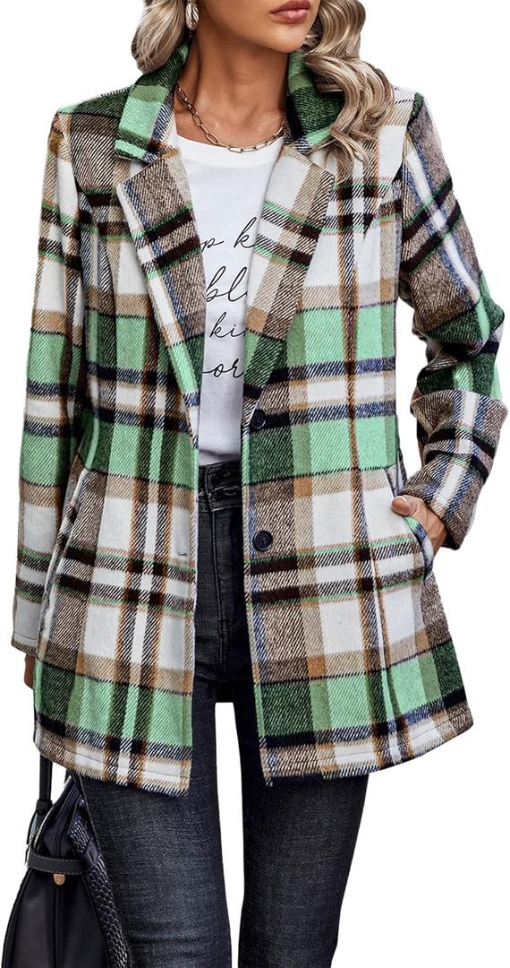 PRETTYGARDEN Women Plaid Shacket Jacket Trendy Fall Casual Button Wool Blend Tartan Trench Coat Winter Clothing with Pockets (S)