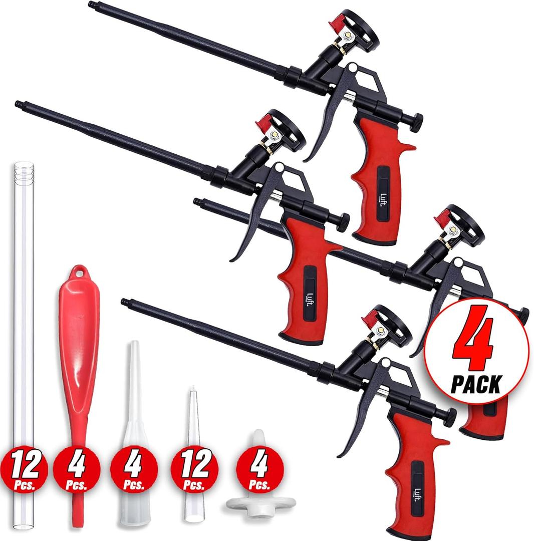 4 Pack Luft Professional Expanding Spray Foam Gun (4 Guns + 36 Tips and Tools) PU Insulating Applicator Heavy Duty Metal Body Dispensing Foam Gun Suitable for Caulking, Filling, Sealing