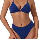 SUUKSESS Women Sexy Triangle Bikini Sets Textured High Cut 2 Piece Bathing Suit (Blue, M)