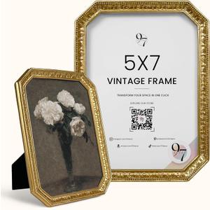 97 Decor 5x7 Vintage Picture Frame - Gold Antique Frame 5x7, Ornate Frames 5 X 7 With Glass Front For Tabletop Photo Display And Wall Hanging, Victorian Poster Frame 5 By 7