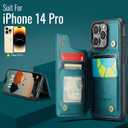 Compatible with iPhone 14 Pro Wallet Case with Card Holder RFID Blocking for Women Men, Double Magnetic Clasp Kickstand Shockproof Phone Case Fit for iPhone 14 Pro, Bluish Green