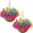 2 Set Outdoor Artificial Hanging Baskets, UV Resistant Faux Fake Hanging Flowers Plants Planters for Spring Summer Front Porch Patio Yard Garden Home Decor (Purple, Yellow, Hot Pink, Blue)