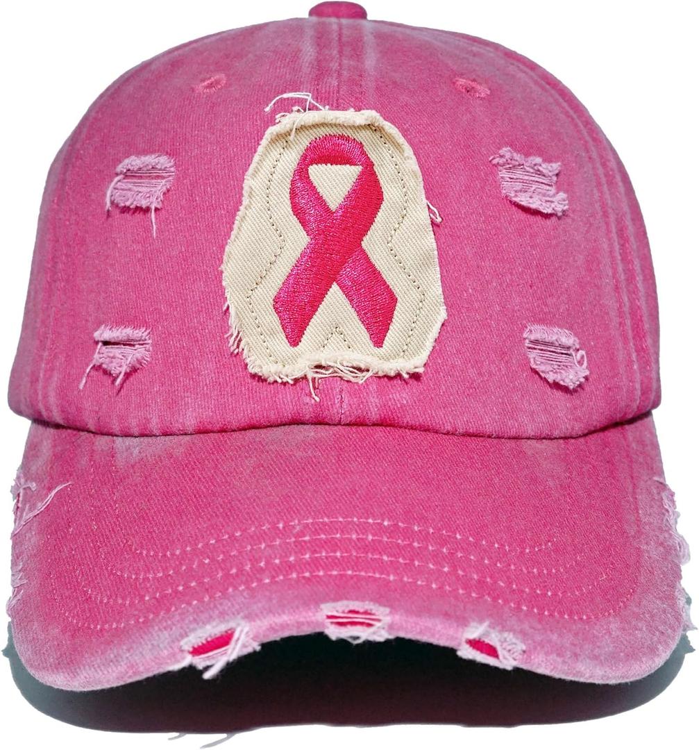 Breast Cancer Awareness Hat Pink Ribbon Patch Distressed Cotton Adjustable Baseball Cap, Breast Cancer Gift for Women