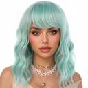 eNilecor Mint Green Wig with Air Bangs,14" Short Curly Wavy Bob Wig for Women, Shoulder Length Fun Wigs Synthetic Colorful Wigs for Daily Cosplay