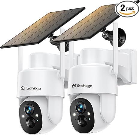 Solar Security Cameras Wireless Outdoor, 2K WiFi Cameras for Home Security, 360° PTZ Surveillance Camera with PIR, Color Night Vision, 2-Way Talk, IP66 Waterproof, SD/Cloud, Work with Alexa (2 Pack)