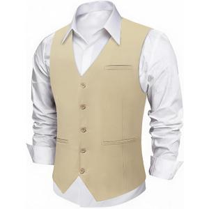 DiBanGu Men's Suit Vest Business Dress Waistcoat with 2 Pockets V-Neck Tuxedo Vests for Formal Wedding (Beige, XXL)