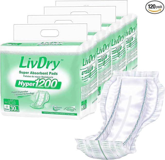 LivDry High Absorbency Pad Insert for Incontinence Briefs and Adult Diapers, Women and Men, Hyper 1200 (120 Count)