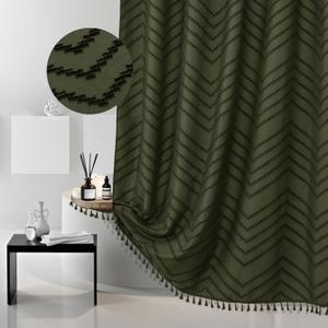Extra Long Olive Green Boho Shower Curtain with Tassel, Woven Fabric 84 in Shower Curtain, Tufted Chevron Striped, 72 x 84, Modern Chic Textured Minimalist Bathroom Shower
