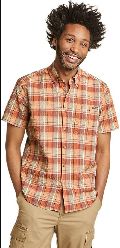 Eddie Bauer Men's Pack It Seersucker Short-Sleeve Shirt Size XL, Tangelo